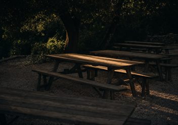 Bierkrüge und Bänke unter Kastanien